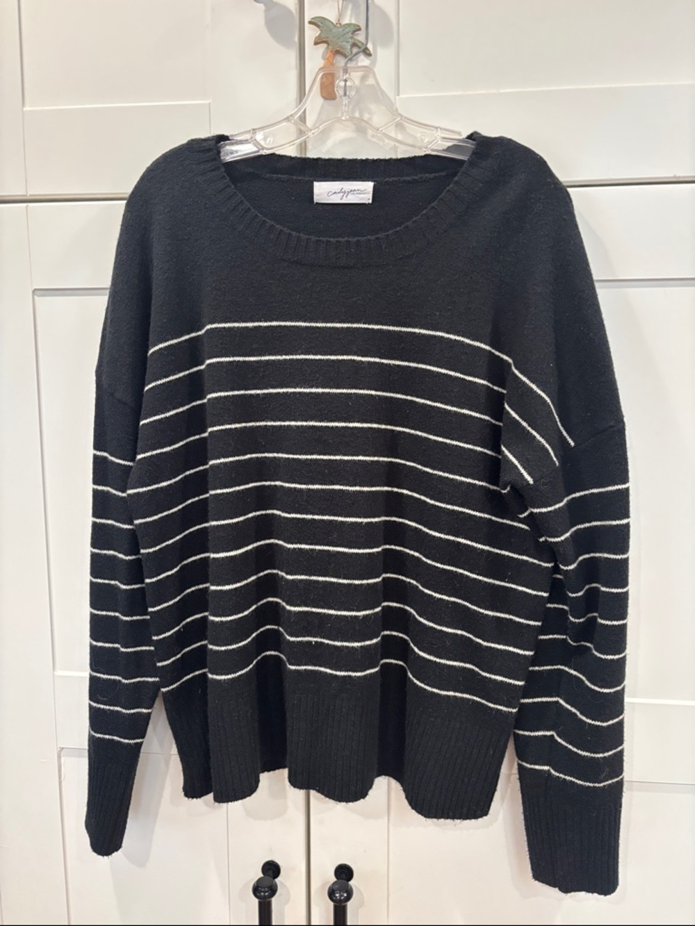 Carly Jean Los Angeles Black Crewneck Sweater with White Stripes